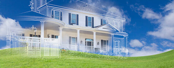 Beautiful Custom House Drawing and Ghosted House Above Grass Field. land use and entitlements
