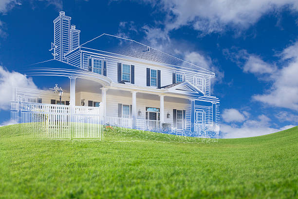 Beautiful Custom House Drawing and Ghosted House Above Grass Field. land use and entitlements
