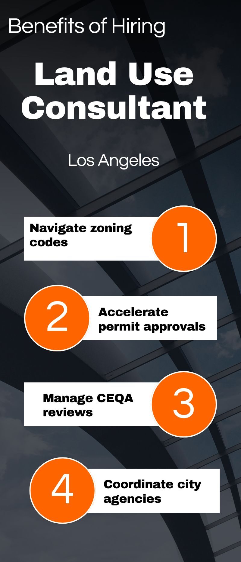 Infographic listing 4 main benefits of hiring a land use consultant near me in Los Angeles: navigate zoning codes, accelerate permit approvals, manage CEQA reviews, coordinate city agencies.