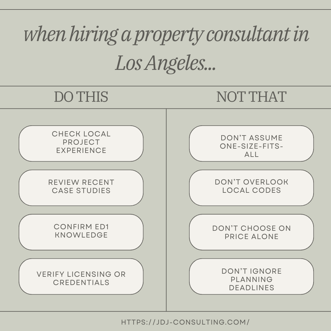 Infographic showing key do’s and don’ts when hiring property consultants in Los Angeles, including tips on experience, zoning knowledge, ED1 expertise, and avoiding delays.