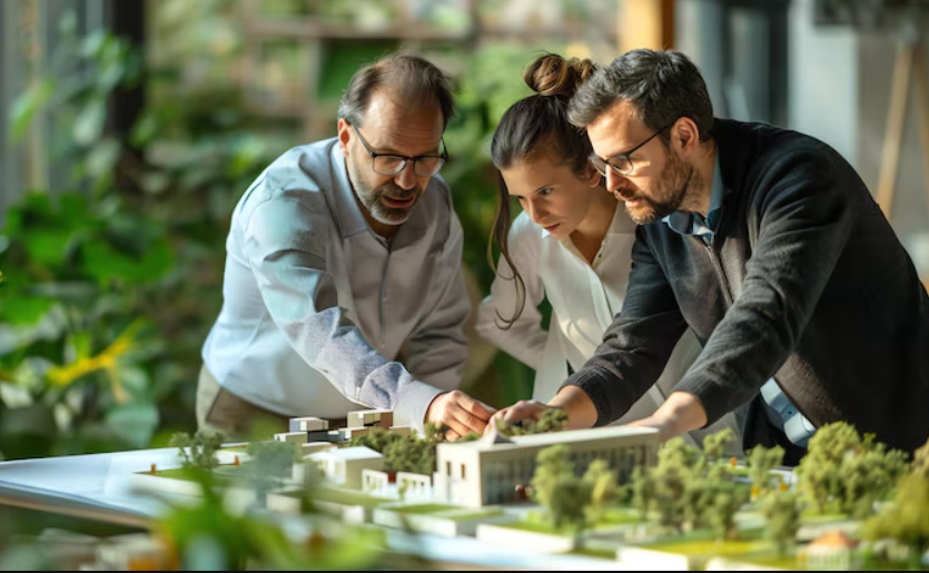 Three architects discussing over a building model in the office in article, Visualization Tools Land Consulting Services: Los Angeles
