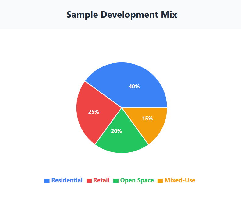 Residential: 40% (Blue) - The largest portion Retail: 25% (Red) - Second largest segment Open Space: 20% (Green) - Environmental/recreational areas Mixed-Use: 15% (Orange) - Combined development type The chart includes percentage labels on each slice, an interactive tooltip when you hover over sections, and a summary grid below showing the exact percentages for each category. This gives you a clear visual representation of how the development is distributed across the different use types.