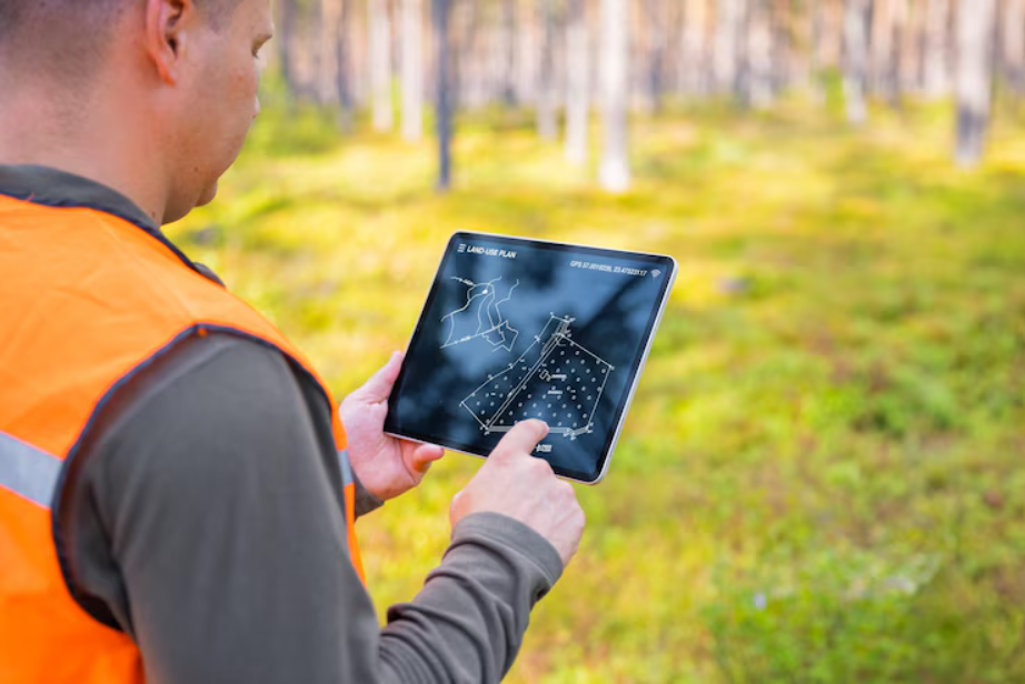 Forester using tablet computer in forest and looking at topological map or land plan on the screen in article Visualization Tools in Land Consulting Services