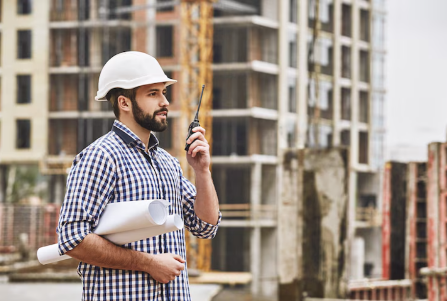 Working process professional young at construction builder in white protective helmet talking to