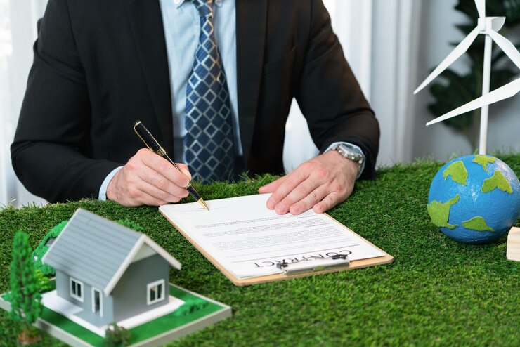 Businessman or ceo in office signing environmental regulation agreement to save earth with sustainable energy utilization and co2 reduction for greener future quaint in article, Documentation in Land Consulting Services
