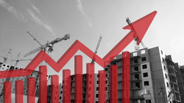 skyrocketing construction costs in los angeles Red growing up large transparent 3d arrow on construction site monochrome background. Bar chart and graph. Interest Rate Increases. Apartment. Industry crisis concept. Inflation. Flat Rising prices.
