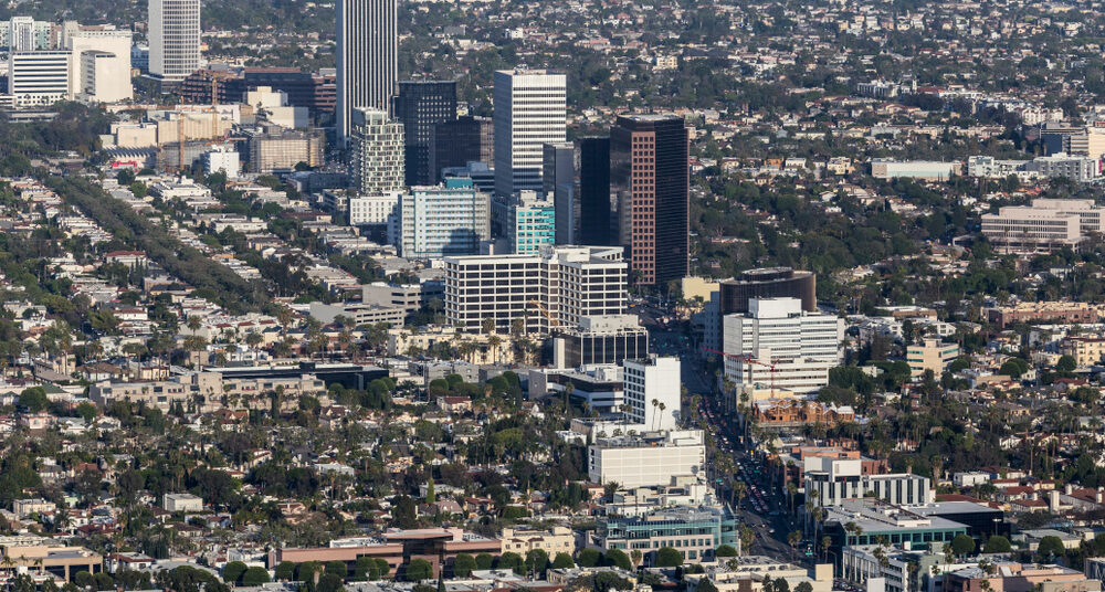 Aerial view of Wilshire Blvd Miracle Mile neighborhood in Los Angeles, California.