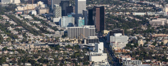 Aerial view of Wilshire Blvd Miracle Mile neighborhood in Los Angeles, California.