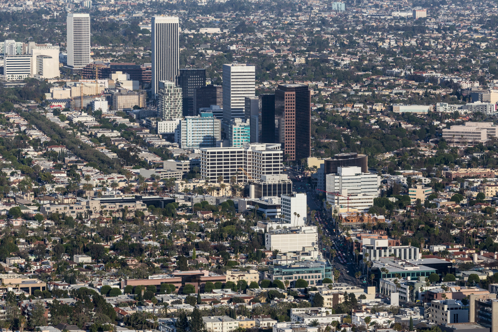 Aerial view of Wilshire Blvd Miracle Mile neighborhood in Los Angeles, California.