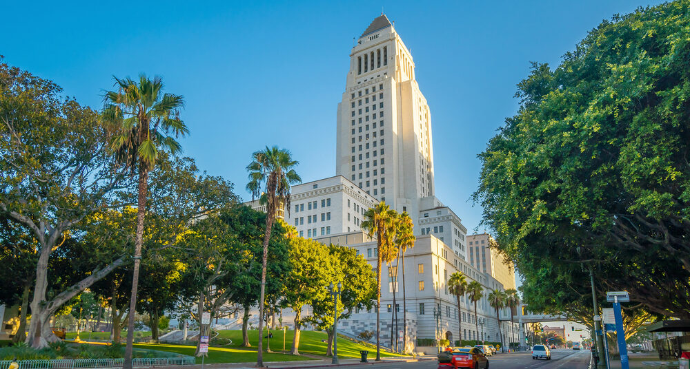 Historic Los Angeles City Hall with blue sky in CA, USA in los angeles housing rezoning plan