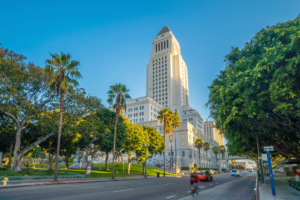 Historic Los Angeles City Hall with blue sky in CA, USA in los angeles housing rezoning plan