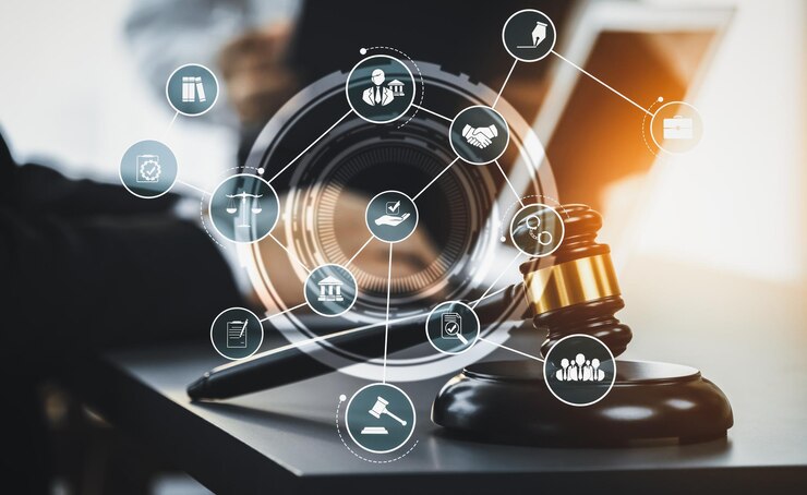 Smart law legal advice icons and savvy lawyer working tools in lawyers office