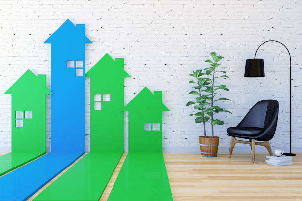 3D House-shaped arrow bar graph go upward in living room indexing Real Estate demand and value, 3D Rendering