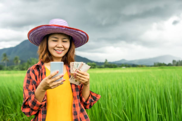 Al Fresco Permit Fee Subsidy - young Asian woman farmer hand holding Thai banknotes money and smart phone with smiling face standing over green rice farm