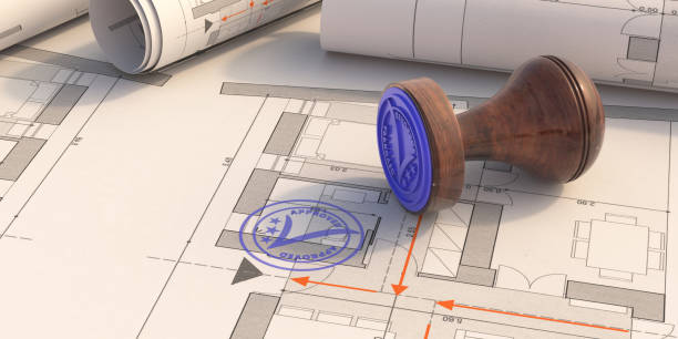 JEDI Zones Permit Support, Plan approval. Blue stamp APPROVED on blueprint. Construction business, goals, strategy, planning action concept. 3d illustration