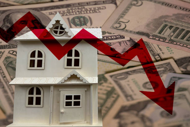 Housing price falling down, real estate and property crash, value drop or decline, home loan or mortgage risk.