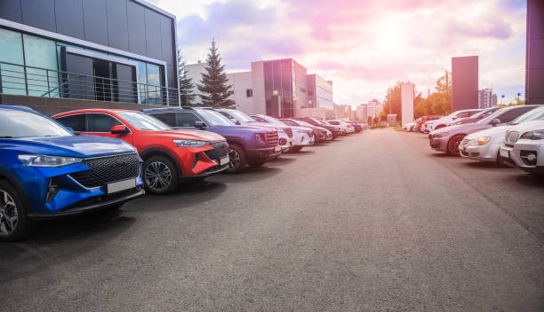 Cars For Sale Stock Lot Row. Car Dealer Inventory, AB 2097 Parking