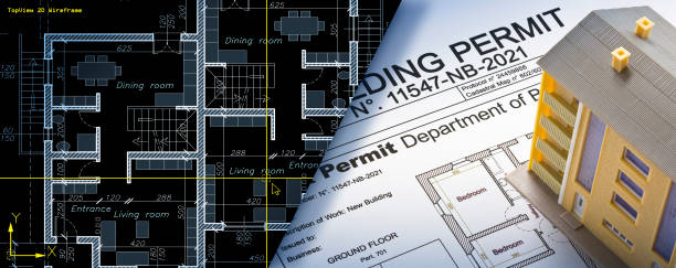 Building Permit concept with building approvation, condominium residential apartments and residential apartment plan designed with CAD software interface (Computer-Aided Design). Entitlements and Permitting Process Los Angeles