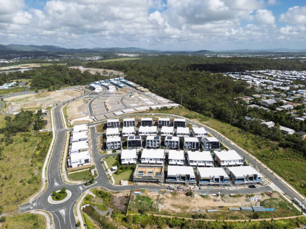 Aerial view of regional Australian urban housing development and infrastructure project, Gold Coast, Queensland, Australia