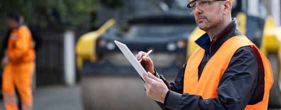 A construction site supervisor reviews plans on a tablet, dressed in safety gear with a bright orange vest and helmet. Workers in the background are actively engaged in their tasks.