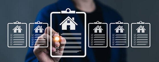 Real Estate Checklist and Property Evaluation Concept. Businesswoman interacting with clipboard icons showing house symbols and checklist items, representing real estate assessment and mortgage loan. SB 684