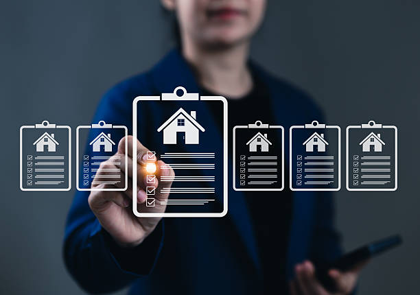Real Estate Checklist and Property Evaluation Concept. Businesswoman interacting with clipboard icons showing house symbols and checklist items, representing real estate assessment and mortgage loan. SB 684
