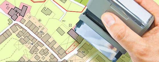 Imaginary General Urban Plan and cadastral map with indications of urban destinations and Buildings Permit stamp