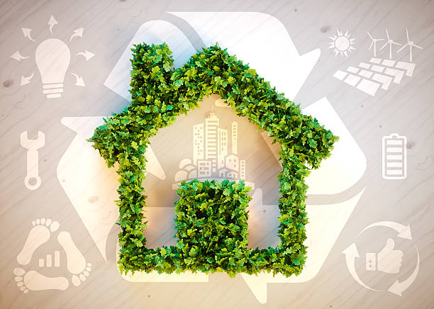 Sustainable living - 3d illustration with ecology icons on brown wooden background.