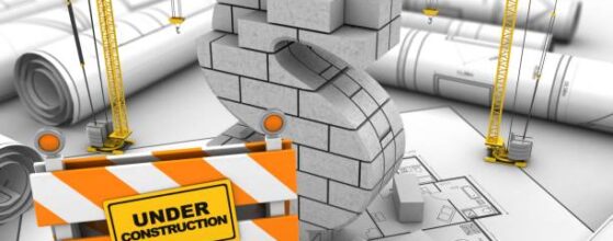 3d illustration of dollar sign over house plan background with cranes