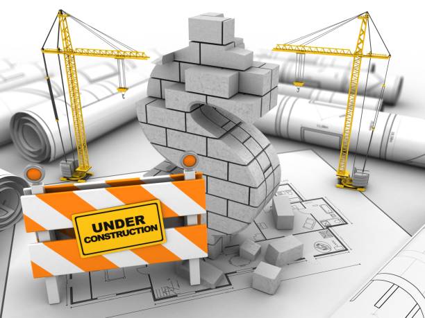 3d illustration of dollar sign over house plan background with cranes