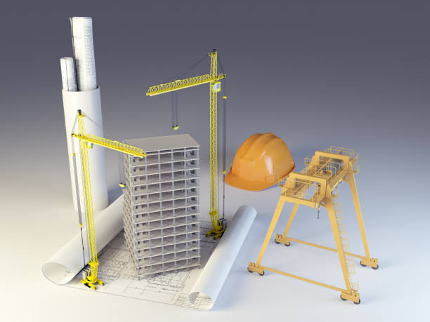 Construction concept with cranes and safety helmet. ( 3d render )