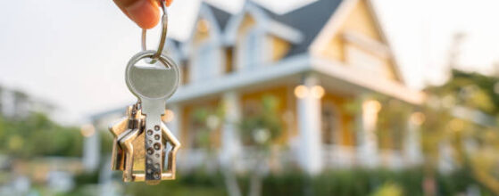 LA Real Estate Market Crash - lease, rental and selling home. Real estate agent manager smile holding key for new owner. rent house, Sales, loan credit financial, insurance, Seller, dealer, installment, buy, sell, move in