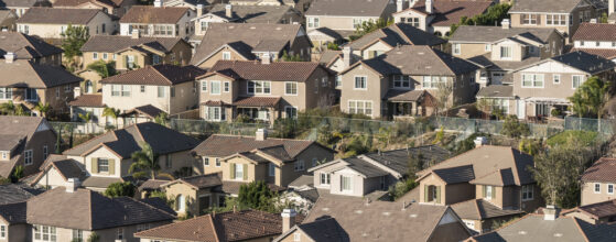 Dense large suburban hillside homes in Simi Valley near Los Angeles, California.