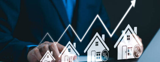 Real Estate Investment and Market Growth Concept. Analyzes real estate market growth trends. Graph show rising house price, interest rate, property mortgage, loan home, and investment opportunities.