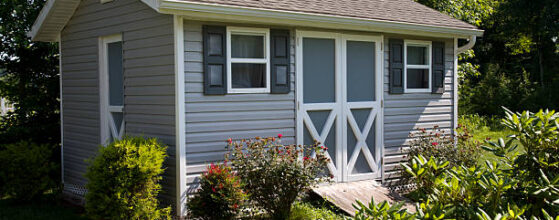 Utility shed in suburban home back yard.