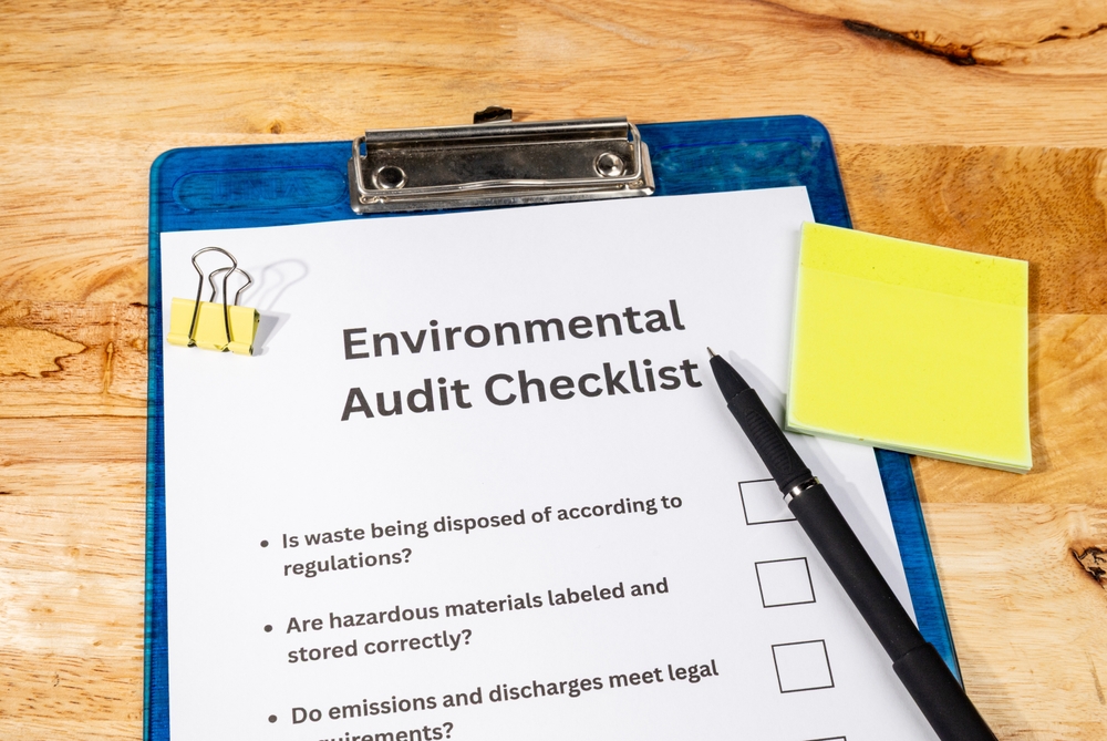 Environmental Audit Checklist Document on Desk with Pen – Sustainability Compliance Concept" Description