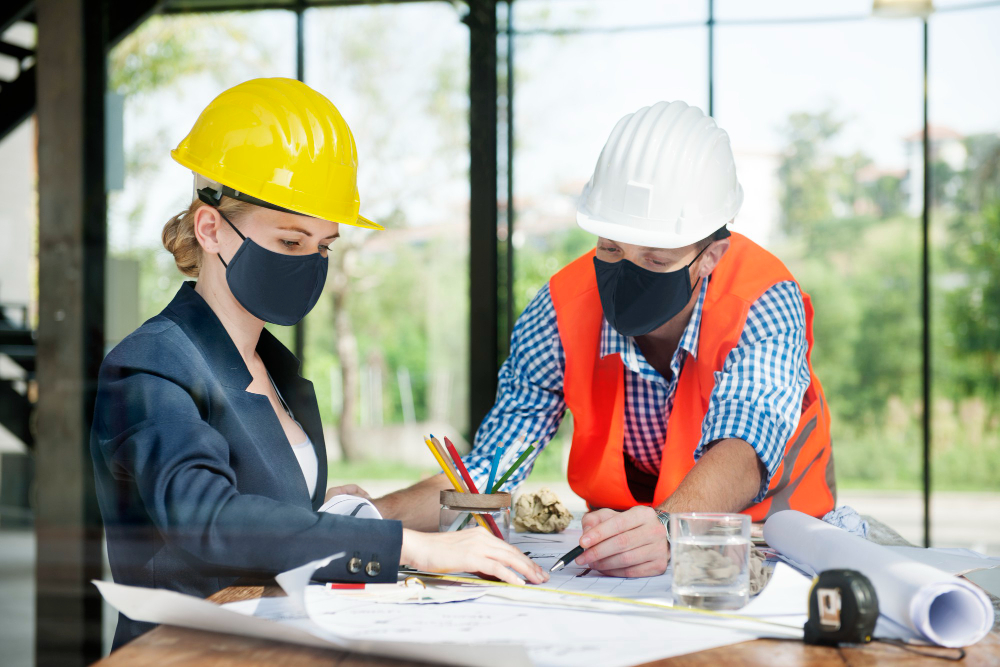 Architects in face mask planning construction in new normal