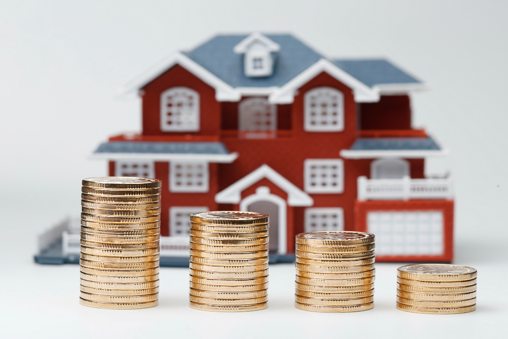 Rmb coins stacked in front of the housing model (house prices, house buying, real estate, mortgage concept)