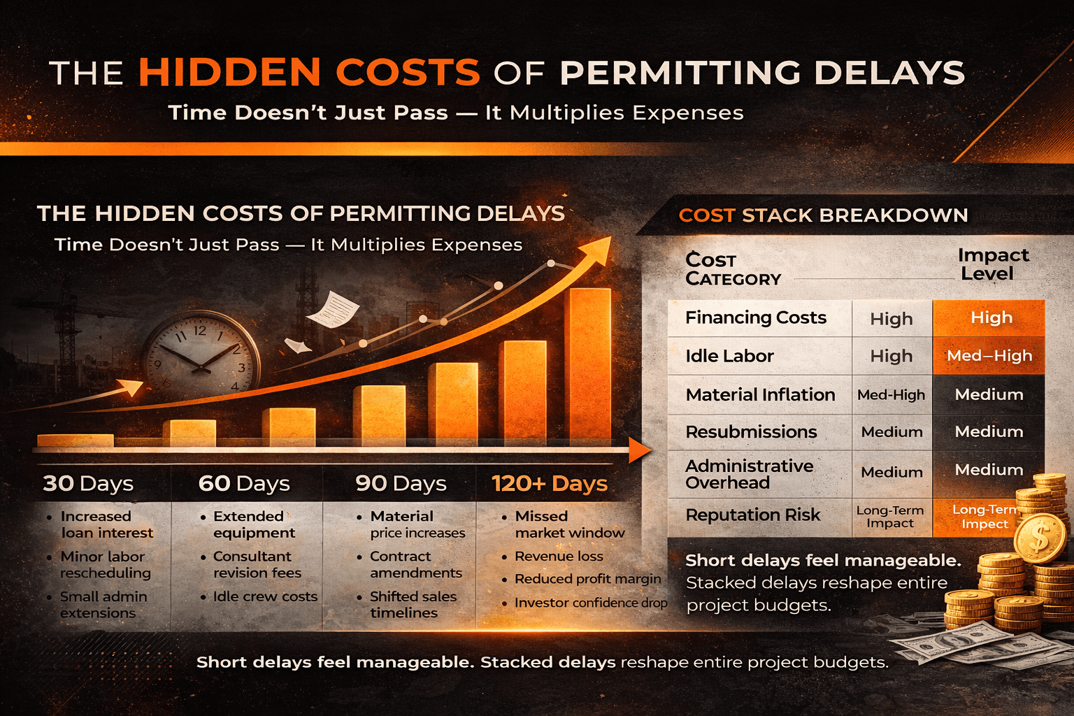 Horizontal infographic titled “The Hidden Costs of Permitting Delays” showing financial losses from slow approvals including holding costs, labor downtime, redesign fees, and revenue delays.