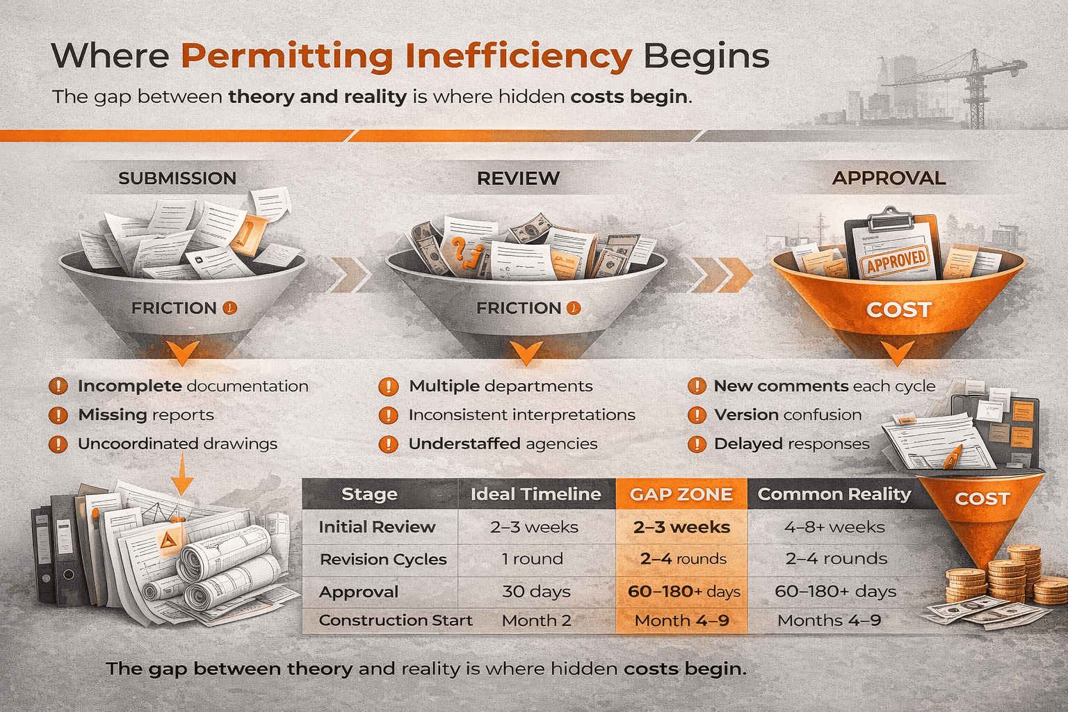 Horizontal infographic titled “Where Permitting Inefficiencies Cost You the Most” highlighting cost categories like labor idle time, extended financing, compliance corrections, and inspection delays.