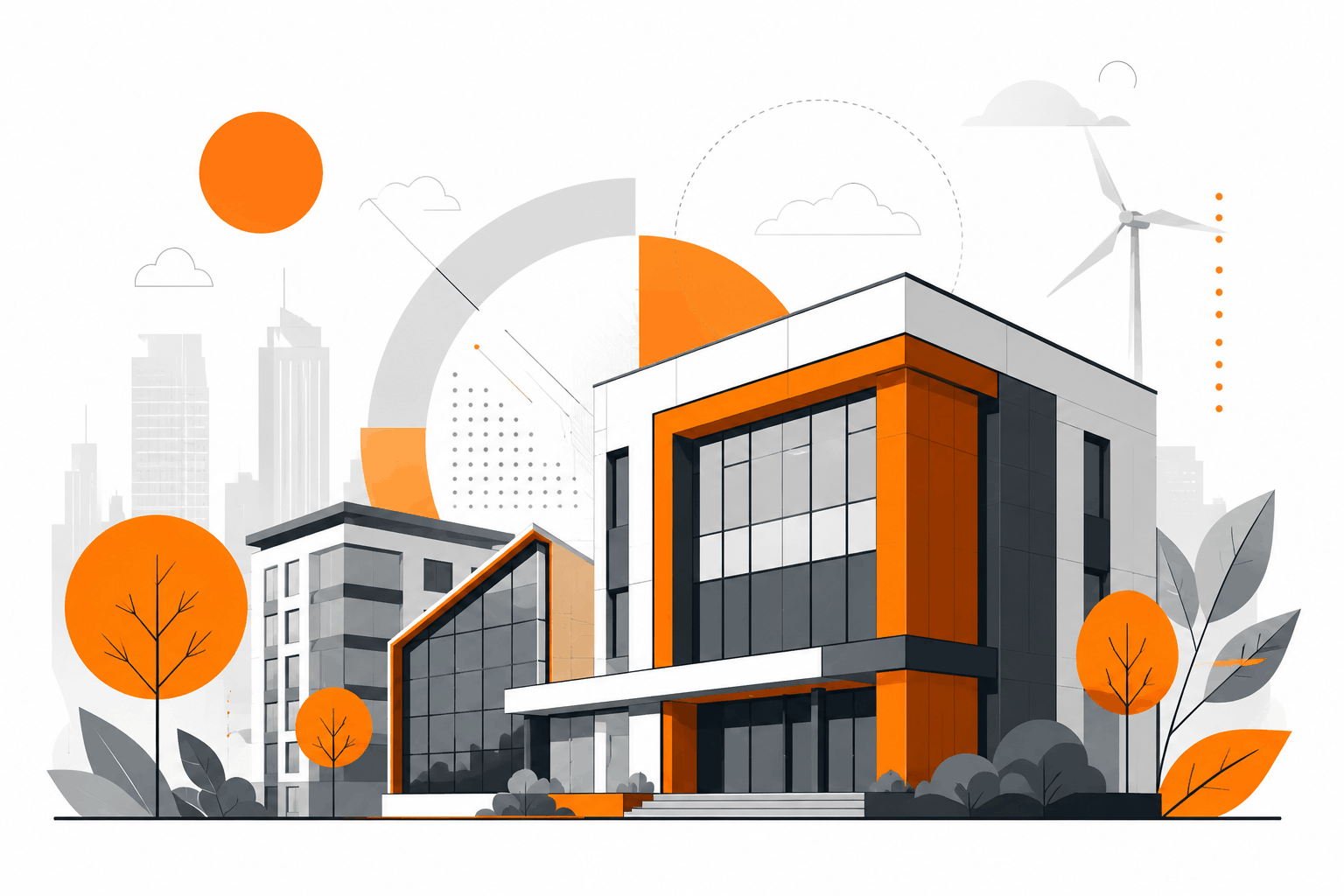 Modern illustrated feature image of sustainable commercial buildings in JDJ brand colors with orange, gray, black, and white geometric design elements and clean architectural styling.